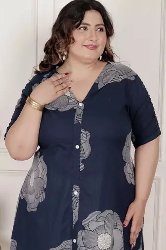   womens plus size blue floral printed front buttoned a-line kurta dress