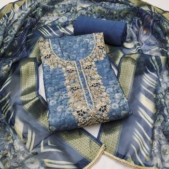 Women's steel blue weaving digital print handwork banarasi cotton dress material 1
