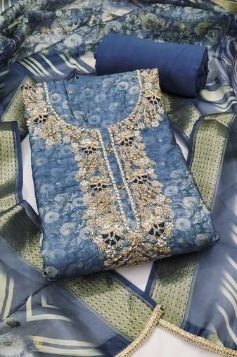 Women's steel blue unstitched weaving digital print handwork banarasi cotton dress material (msmfc11585b)