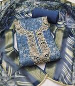 Women's steel blue weaving digital print handwork banarasi cotton dress material