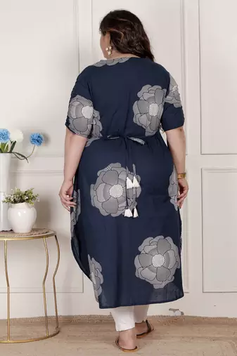   womens plus size blue floral printed front buttoned a-line kurta dress