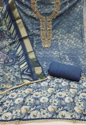 Women's steel blue weaving digital print handwork banarasi cotton dress material 2