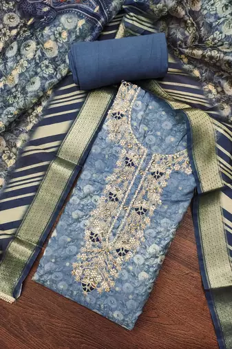Women's steel blue weaving digital print handwork banarasi cotton dress material