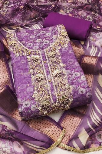 Women's purple unstitched weaving digital print handwork banarasi cotton dress material (msmfc11585c)
