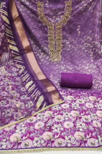 Women's purple weaving digital print handwork banarasi cotton dress material