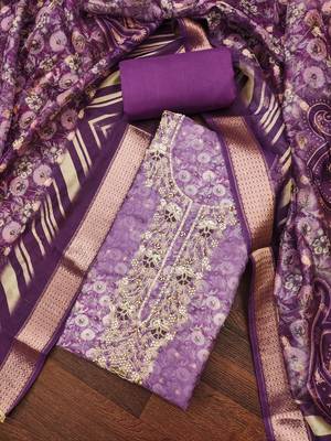 Women's purple weaving digital print handwork banarasi cotton dress material 3