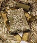 Women's olive green weaving digital print handwork banarasi cotton dress material