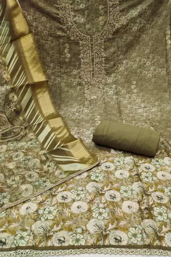 Women's olive green weaving digital print handwork banarasi cotton dress material