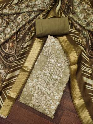 Women's olive green weaving digital print handwork banarasi cotton dress material 3