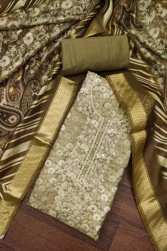 Women's olive green weaving digital print handwork banarasi cotton dress material