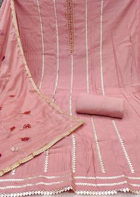 Women's peach handwork premium roman cotton dress material 2