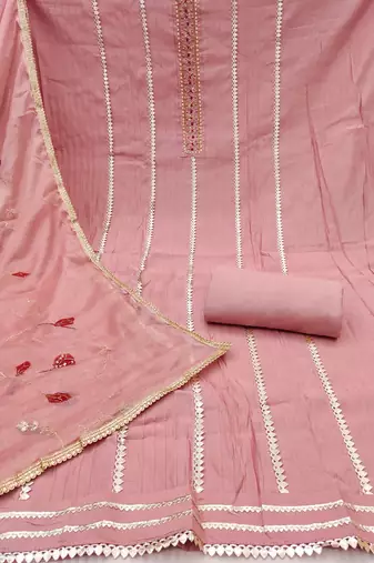 Women's peach handwork premium roman cotton dress material
