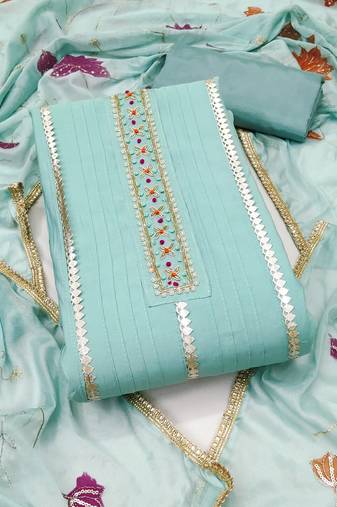 Women's sea green unstitched handwork premium roman cotton dress material (msmfc11586b)