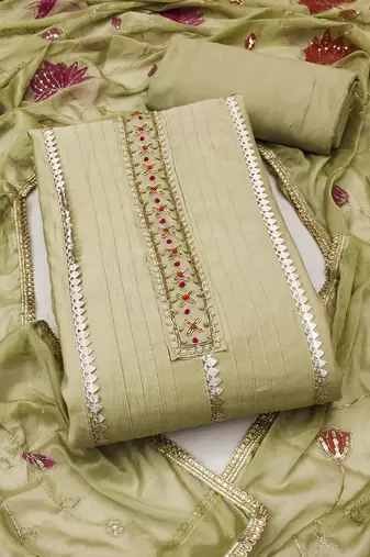 Women's olive green unstitched handwork premium roman cotton dress material (msmfc11586c)