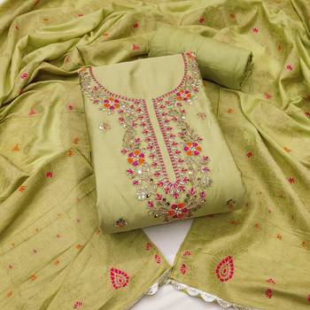 Women's light green handwork & woven jaam cotton dress material 1