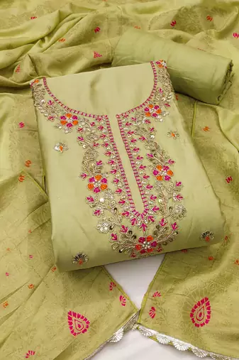 Women's light green unstitched handwork & woven jaam cotton dress material (msmfc11587a)
