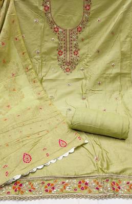 Women's light green handwork & woven jaam cotton dress material 2