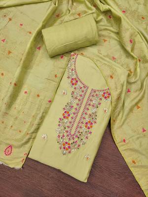 Women's light green handwork & woven jaam cotton dress material 3