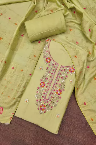 Women's light green handwork & woven jaam cotton dress material