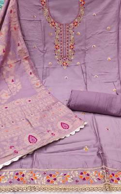 Women's levender handwork & woven jaam cotton dress material 2