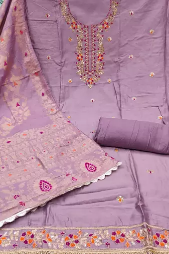 Women's levender handwork & woven jaam cotton dress material