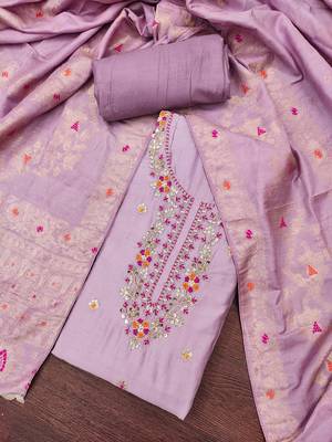 Women's levender handwork & woven jaam cotton dress material 3