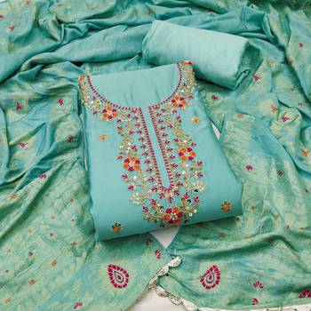Women's sea green handwork & woven jaam cotton dress material 1