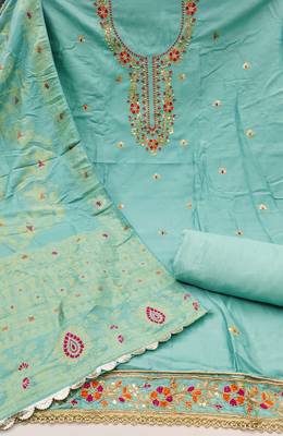 Women's sea green handwork & woven jaam cotton dress material 2