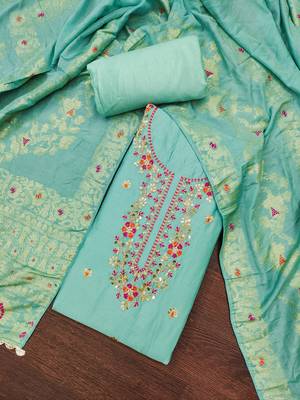 Women's sea green handwork & woven jaam cotton dress material 3