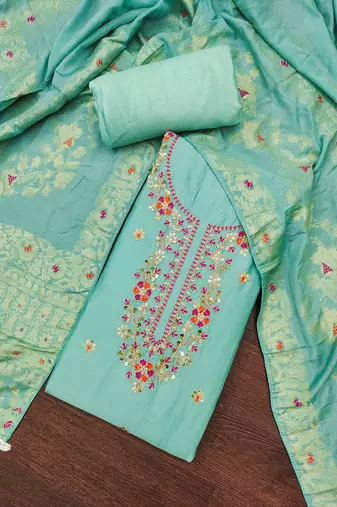 Women's sea green handwork & woven jaam cotton dress material