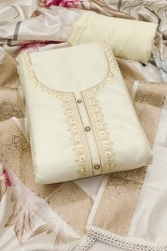 Women's white unstitched thread embroidery handwork glass organza dress material (msmfc11588a)
