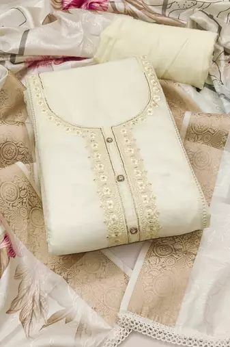 Women's white unstitched thread embroidery handwork glass organza dress material (msmfc11588a)