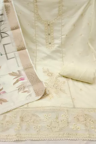 Women's white thread embroidery handwork glass organza dress material