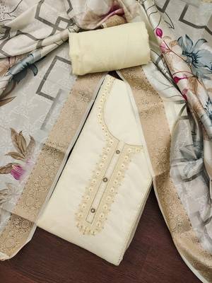 Women's white thread embroidery handwork glass organza dress material 3