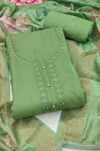 Women's light green unstitched thread embroidery handwork glass organza dress material (msmfc11588b)