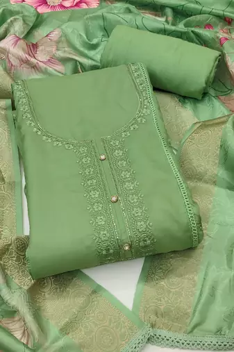 Women's light green unstitched thread embroidery handwork glass organza dress material (msmfc11588b)