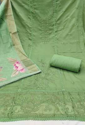 Women's light green thread embroidery handwork glass organza dress material 2