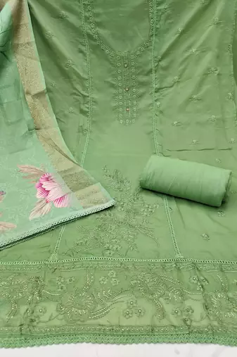 Women's light green thread embroidery handwork glass organza dress material
