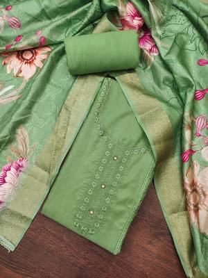 Women's light green thread embroidery handwork glass organza dress material 3