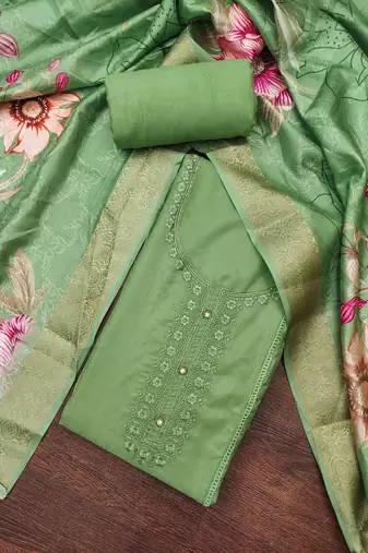 Women's light green thread embroidery handwork glass organza dress material