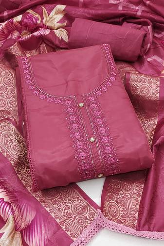 Women's pink unstitched thread embroidery handwork glass organza dress material (msmfc11588d)