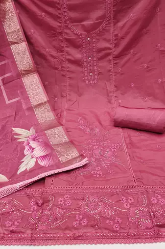 Women's pink thread embroidery handwork glass organza dress material