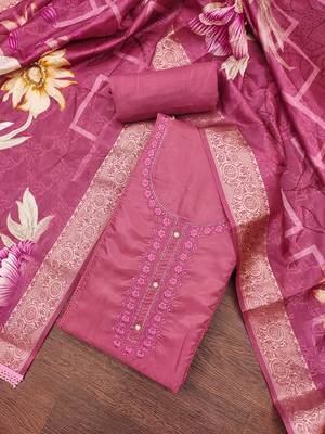 Women's pink thread embroidery handwork glass organza dress material 3