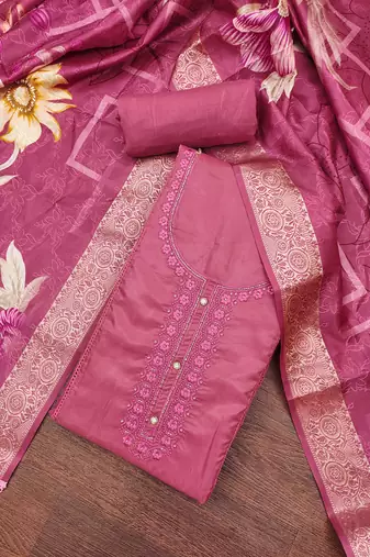 Women's pink thread embroidery handwork glass organza dress material