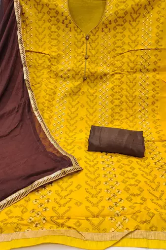Women's yellow thread embroidery modal chanderi dress material