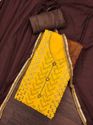 Women's yellow thread embroidery modal chanderi dress material 3