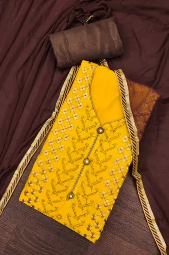 Women's yellow thread embroidery modal chanderi dress material