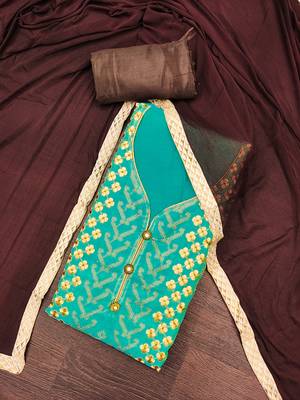 Women's sea green thread embroidery modal chanderi dress material 3
