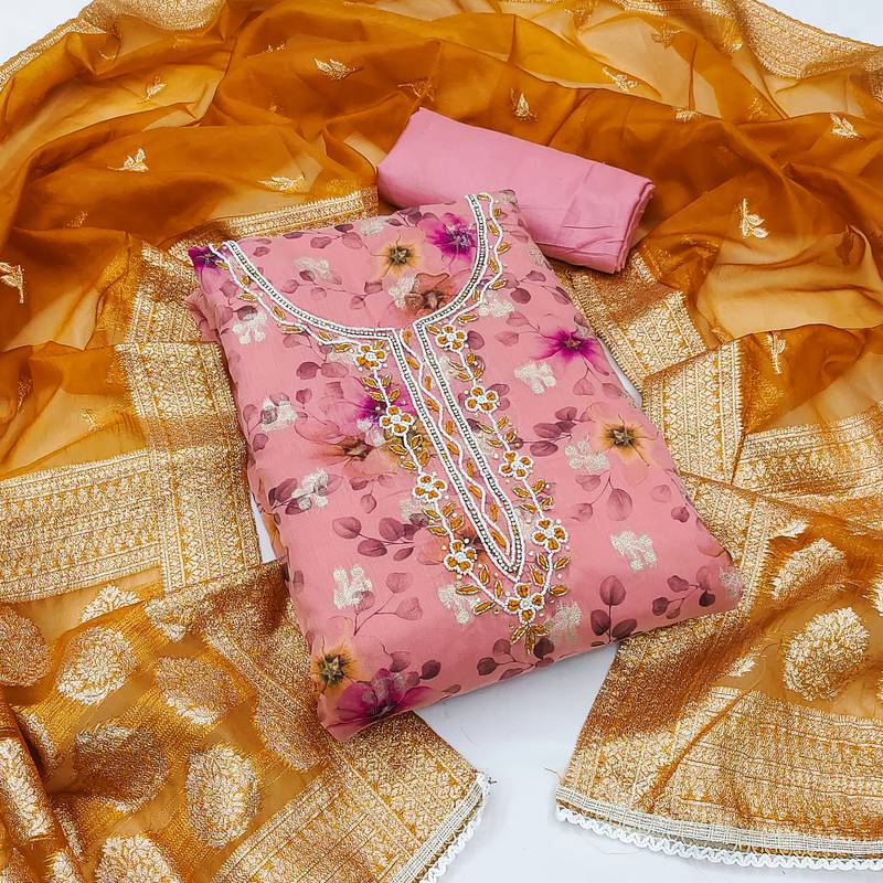 Women's pink unstitched weaving digital print handwork modal banarasi jacquard dress material (msmfc11591a)