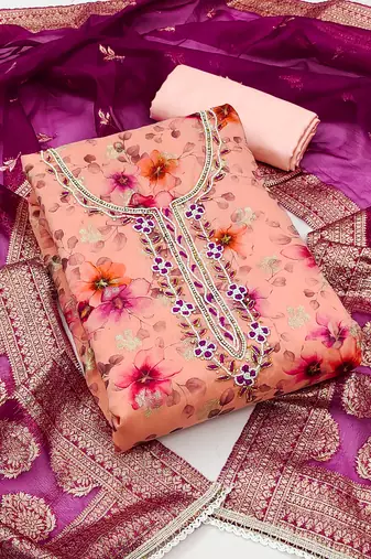 Women's peach unstitched weaving digital print handwork modal banarasi jacquard dress material (msmfc11591b)